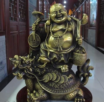 

1031++++16"Chinese Brass Copper Money Wealth Laugh Maitreya Buddha Ride Dragon Turtle