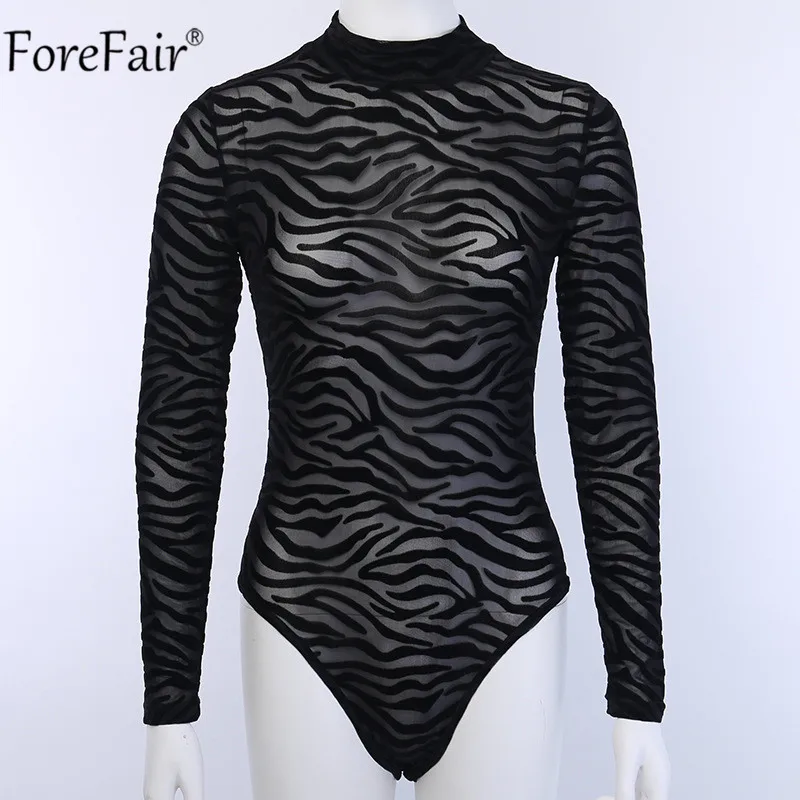 bodysuit women Forefair Mesh Turtleneck Women Bodysuit See Through Long Sleeve Body Top Zebra Print Black Autumn Ladies Sexy Bodysuits plus size bodysuit