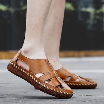 

Genuine Leather Summer Men Sandals outdoor Soft Shoes Beach Roman Men Sandals breathable Sandals Slippers Bohemia big size 48