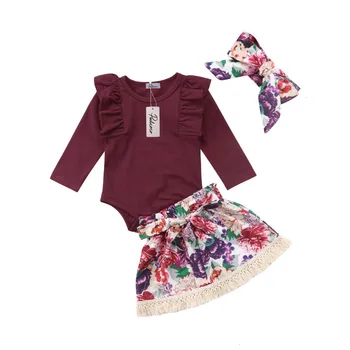 

2019 Brand New 0-24M Newborn Infant Baby Girls Clothes Sets 3PCS Ruffles Solid Long Sleeve Romper Tops Floral Skirts+Headband