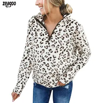 

Women Fashion Stand Collar Long Sleeve Causal Coffee Leopard Sweatshirt Winter, Autumn