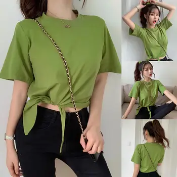 

Solid Color tshirt Women Sexy Irregular Knot Short Sleeve O Neck t shirts for Women Top Tees Casual Female Tshirts Women tshirt