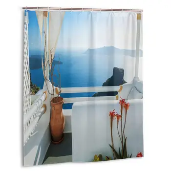 

Holiday Terrace with Sea at Sunset Architecture On Santorini Island Greece Shower Curtain Polyester Waterproof 12 Hooks Fabric