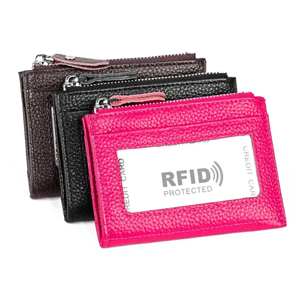 

Genuine Leather Credit ID Card Holder RFID Zipper Coin Purse Card Holder Wallet Money Case Top Layer Litchi Cowskin Small Wallet