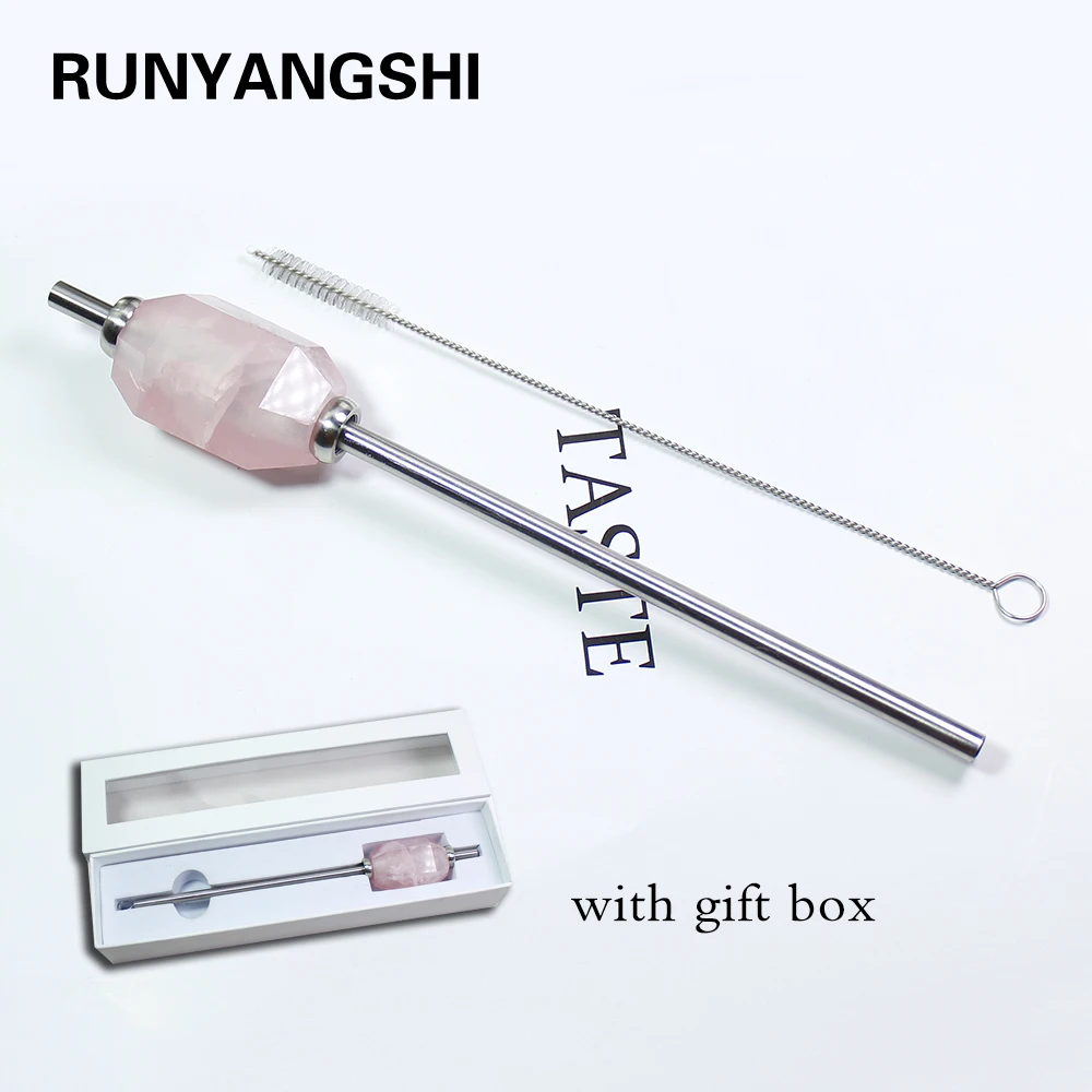 

Runyangshi 1pc New Eco-friendly Reusable Natural pink crystal rose quartz stainless steel Drink straw With Brush and giftbox
