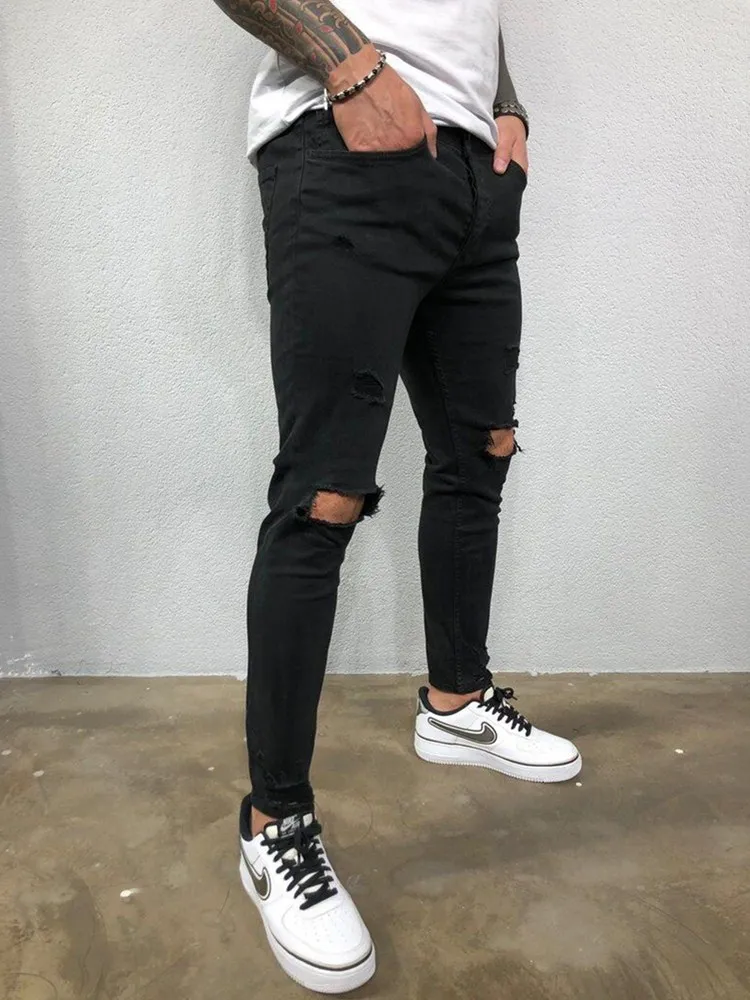 New Hot Style Fashion jeans for European men 2020 are torn  holes and elastic feet