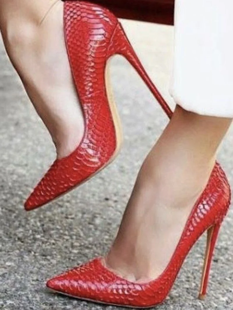 

Sexy Red Snake Leather High Heel Pumps Pointed Toe Python Printed Shallow Dress Shoes 12 10 8cm Slip on Stiletto Heel Dress Shoe