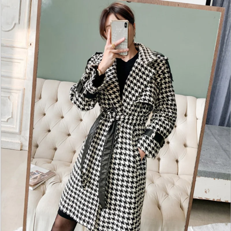 Houndstooth Женское шерстяное пальто средней длины в ломаную клетку, зимнее Новое корейское модное свободное шерстяное пальто с регулируемой талией, женская верхняя одежда - Цвет: Houndstooth
