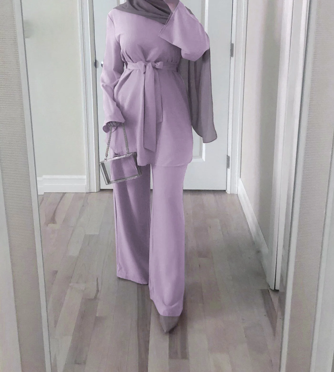 Artículo caliente Conjuntos de 2 piezas musulmanas para mujer, Tops y pantalones con cordones de Ramadán, Hijab de caftán Abaya de Turquía, ropa Europea modesta, conjuntos de musman kjQlMR7Mqxn