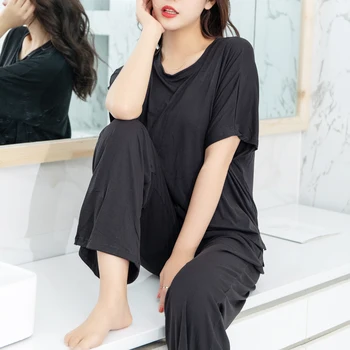 

Summer Two Pieces Short-Sleeved Tops Long Pants Pajamas Set Lady Casual Modal Homewear Set