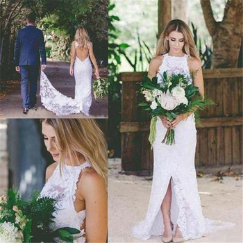 

Open Back Sleeveless Lace Halter Mermaid Slit Beach Wedding Dress For Bride with Train Boho Bridal Gowns vestidos de novia