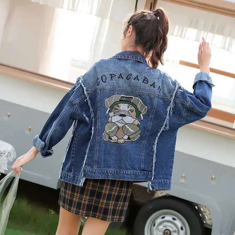 price reduction Fashion Frayed Hole Cowboy Denim Jeans Jacket Embroidery Women Loose Coat Female Autumn Chaqueta Mu