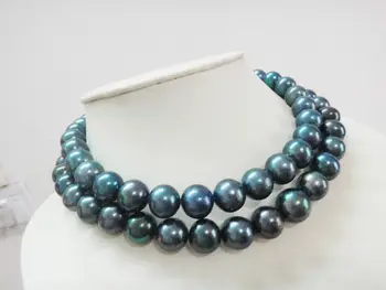 

11-12MM NATURAL SOUTH SEA GENUINE BLACK PEACOCK BLUE ROUND PEARL NECKLACE 32"
