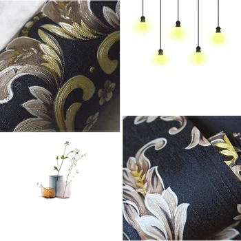 

53CM*10M Vintage Gold Damask Waterproof Embossed Textured PVC Wall Sticker Pattern Black Background Gold Flower Living