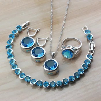 

Best Low Price Selling Round Sky Blue Crystal Silver Color Jewelry Sets For Women Fashion Casual Costume Sets