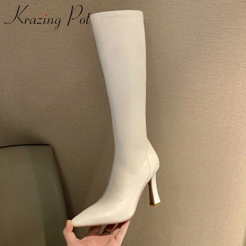 

Krazing Pot simple style winter shoes women charming party pointed toe super high heel zip noble young girls knee-high boots L16