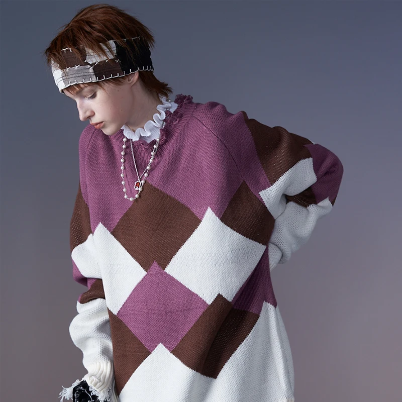 Casual Plaid Knitted Women Pullover Sweater Knitwear