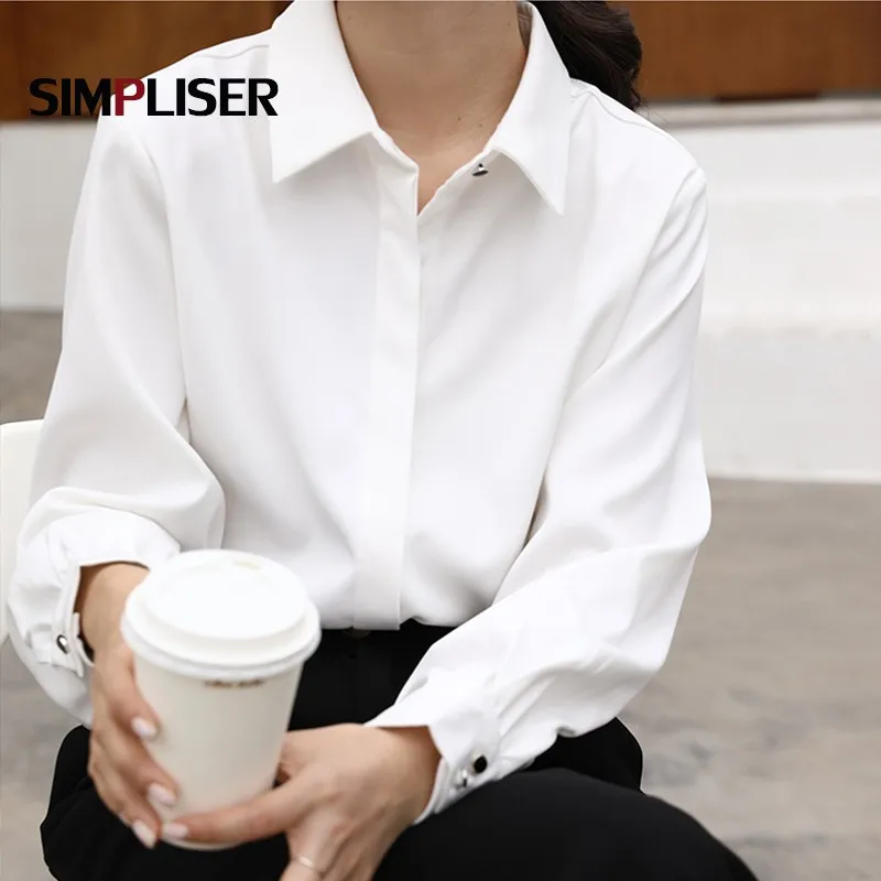 

Professional White Shirt Women Suit Blouses Pure White Elegant Clothes Office Lady Work Wear Tops Loose Clothings Blusa Mujer