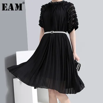 

[EAM] Women Nailed Pleaed Split Big Size Dress New Stand Collar Half Sleeve Loose Fit Fashion Tide Spring Autumn 2020 1S766