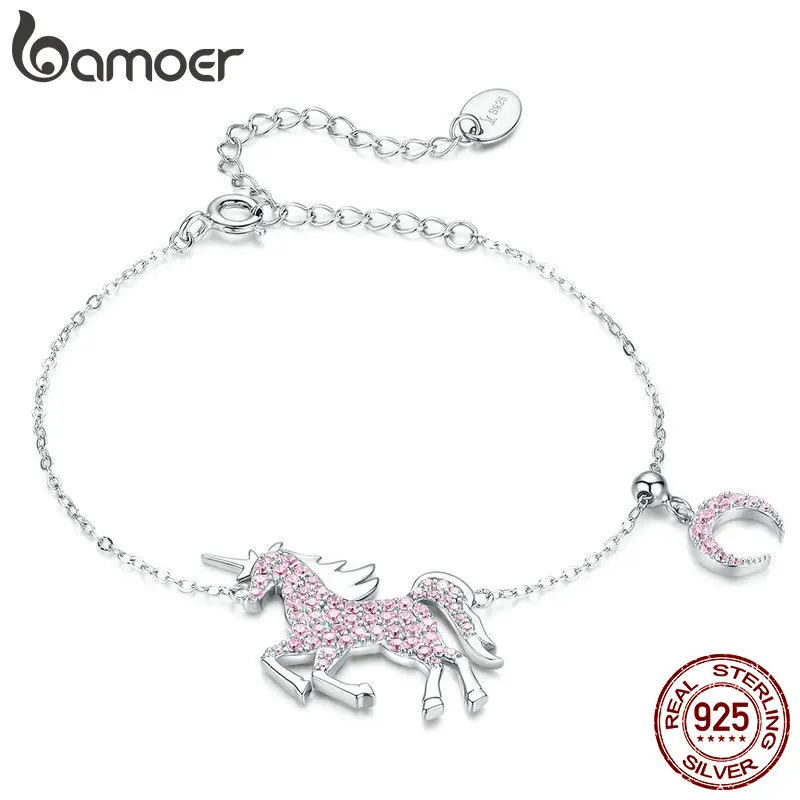 Браслет bamoer Licorne Moon цепочка с лошадью серебро 925 пробы для женщин Pegasus дизайнерские украшения розовый CZ