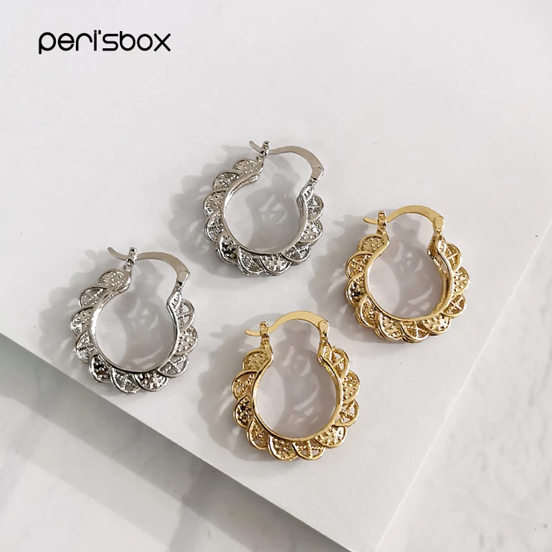 Peri'sBox вырезанные Цветочные окантованные круглые геометрические серьги текстурированные латунные золотой обруч серьги для женщин ювелирные изделия в стиле минимализма Новинка
