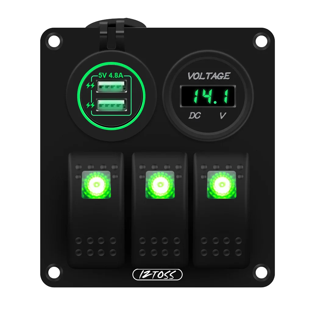 

Rocker 3 Gang Switch Panel with Voltmeter USB Charger Waterproof Green