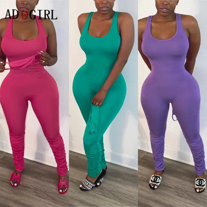 

Adogirl Women Stacked Jumpsuit Backless Solid Stretch Tank Jumpsuit Casual Sporty Rompers Fashion Female Stretchy Bodycon