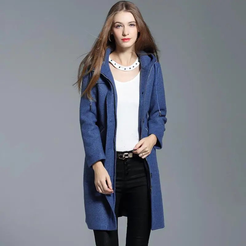 Модный брендовый женский плащ с капюшоном, 70% шерсть, на молнии, длинное шерстяное пальто, английский стиль, повседневная верхняя одежда - Цвет: Синий
