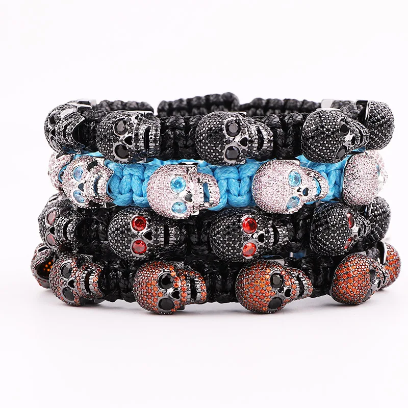 New Arrival Men Jewelry Bracelet Luxury CZ Mirco Pave Skull Charm Handmade Wax Cord Braided Macrmae Wrap Bracelet Men - Image 5