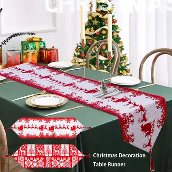 

Christmas Table Runner Cotton Embroidered Deer Christmas Tree Tablecloth Home Party Wedding Christmas Table Decoration
