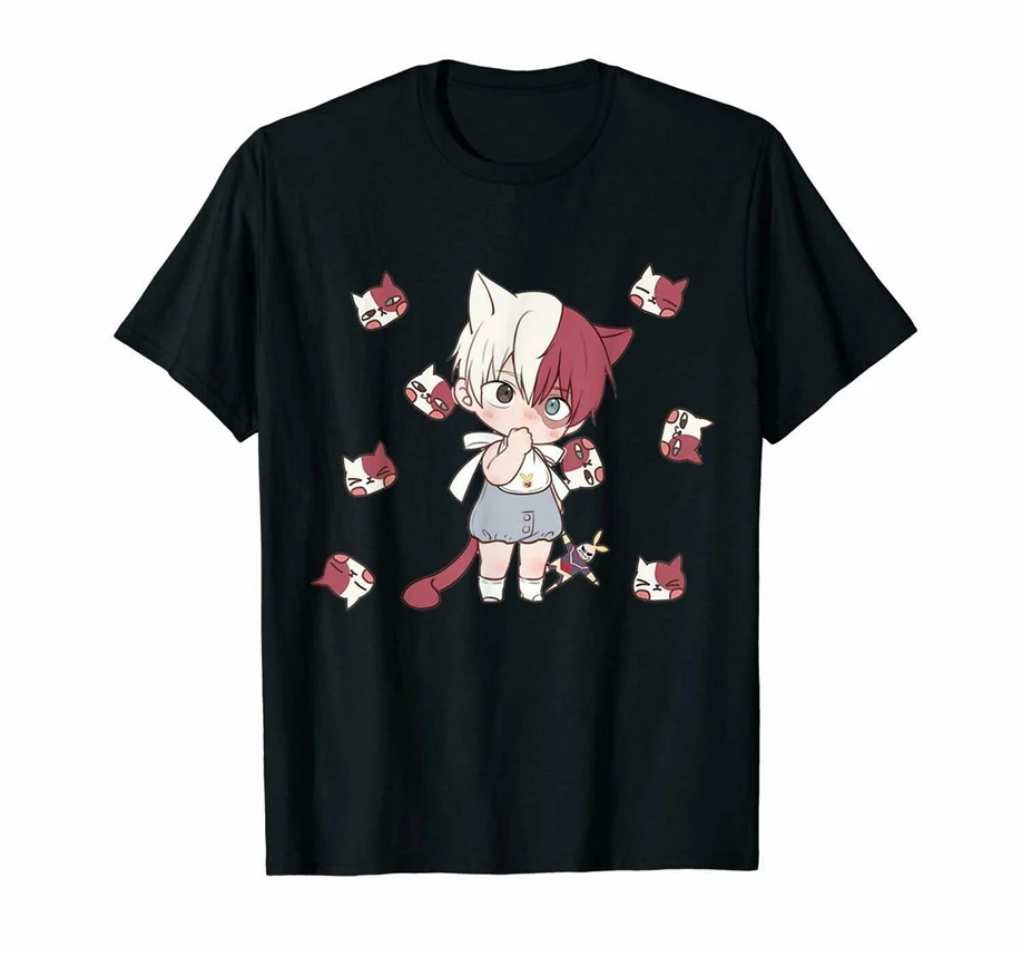 

Todoroki Shouto Chibi Anime Cute Cat Funny Boku No Hero Academia Black T-Shirt Style Round Tee Shirt