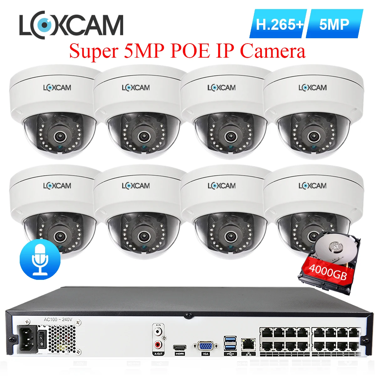 Комплект антивандальных IP камер LOXCAM H.265 + 16 каналов 4K POE NVR 8x5 МП система