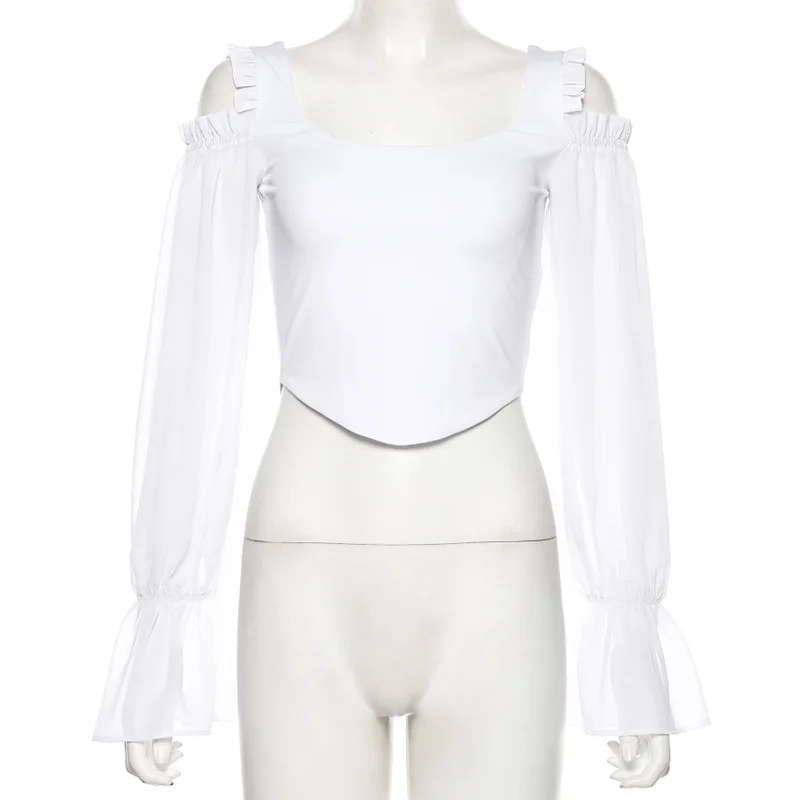 Элегантная женская блузка с открытыми плечами, кружевные укороченные топы с пышными рукавами, Модные осенние белые рубашки с открытой спиной