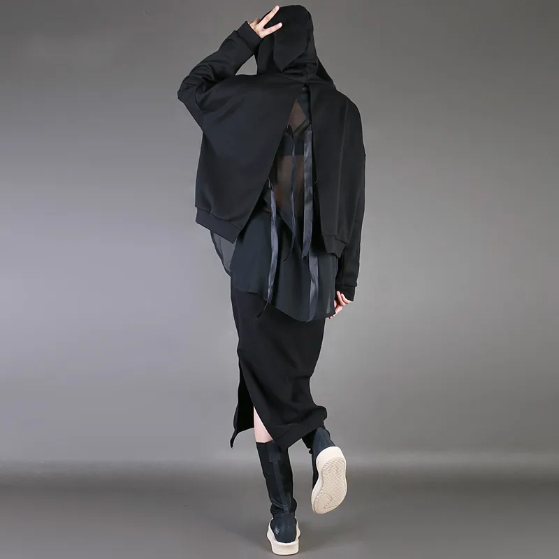 

XUXI 2020 New Spring autumn Clothes Fake Two-piece Bow Hooded Sweater With Split Back Black Hoodies Women Long Sleeve FZ1382