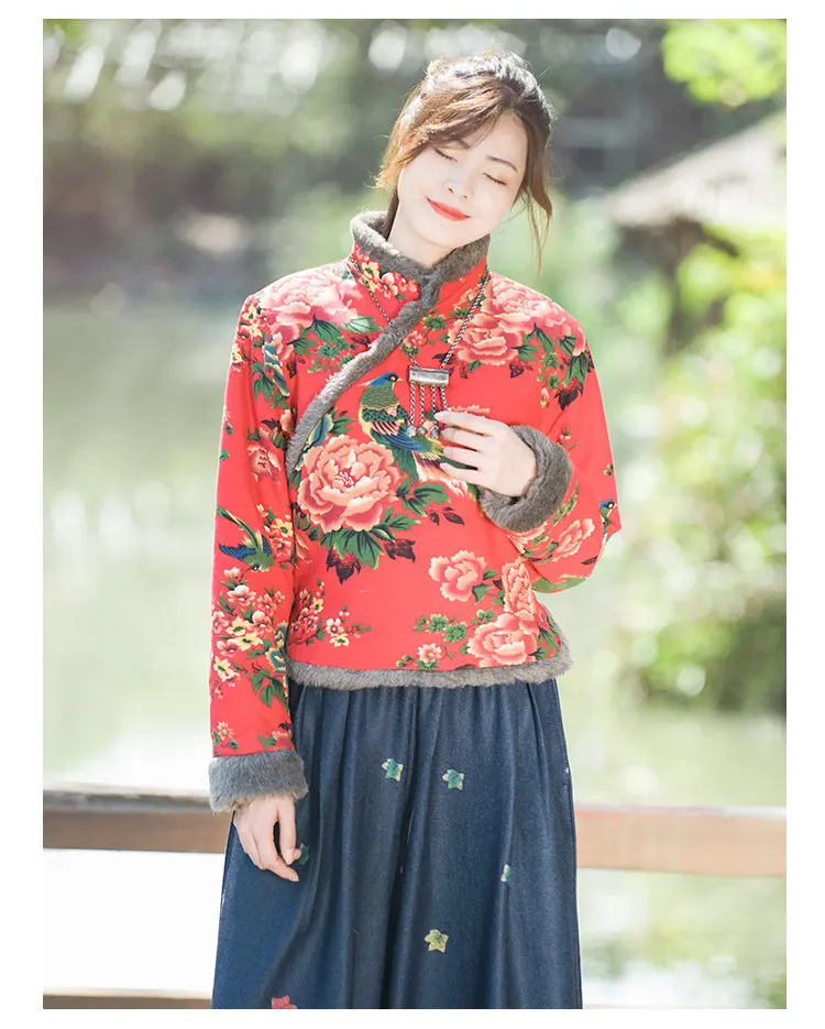Retro plus velvet cotton women's autumn winter new brand clothing generation cotton linen jacket women