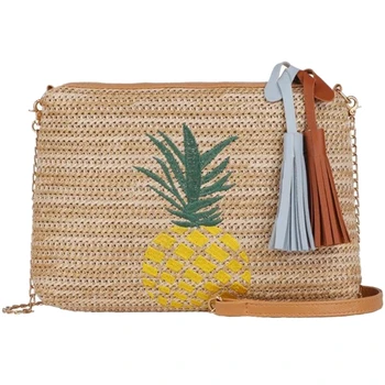

Women Straw Shoulder Bags Embroidery Zipper Handbags Summer Beach Bohemian Crossbody Bags Pineapple