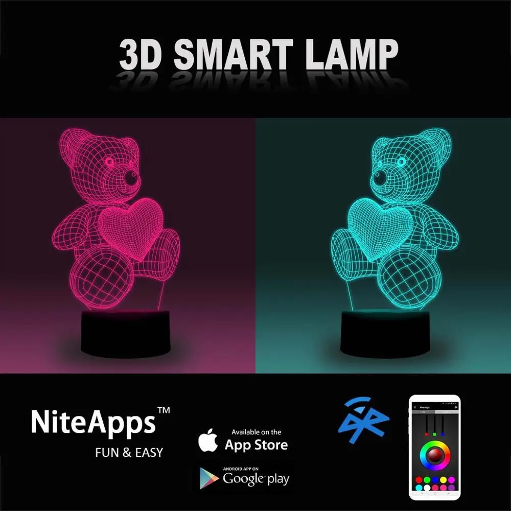 NiteApps медведь с сердцем 3D RGB светодиодный ночник настольная иллюзия Лампа подарок на день рождения приложение/сенсорный контроль