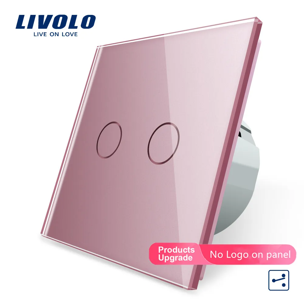 Pink-No logo Livolo ЕС Стандартный сенсорный выключатель, 2 банды 2Way управления, 7 цветов Хрустальная стеклянная панель, настенный светильник переключатель, 220-250 В, C702S-1/2/3/5 - Цвет: Pink-No logo