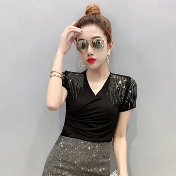 

Camisetas Verano Mujer 2020 Short Sleeve V-Neck Pullover Diamonds Pleated Womens Slim Fit Fashion Streetwear Big Size T-Shirts
