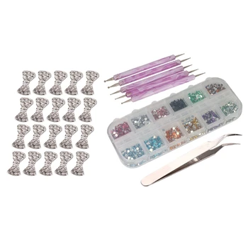 

20 Pieces x 3D Silver Rhinestone Bow 3D Alloy Nail Tablets DIY Nail Ornaments & 3000Pcs 2mm 12 Color Nail Art Glitter Rhinestone
