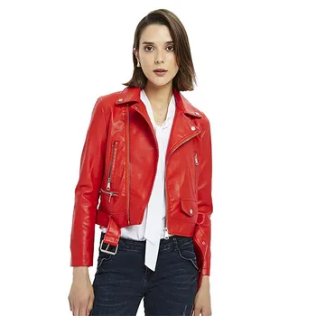 

Slant Zipper Cropped Faux Leather Biker Jacket for Women Punk Rock Ladies Black Red Belted PU Leather Jacket Coat Plus Size