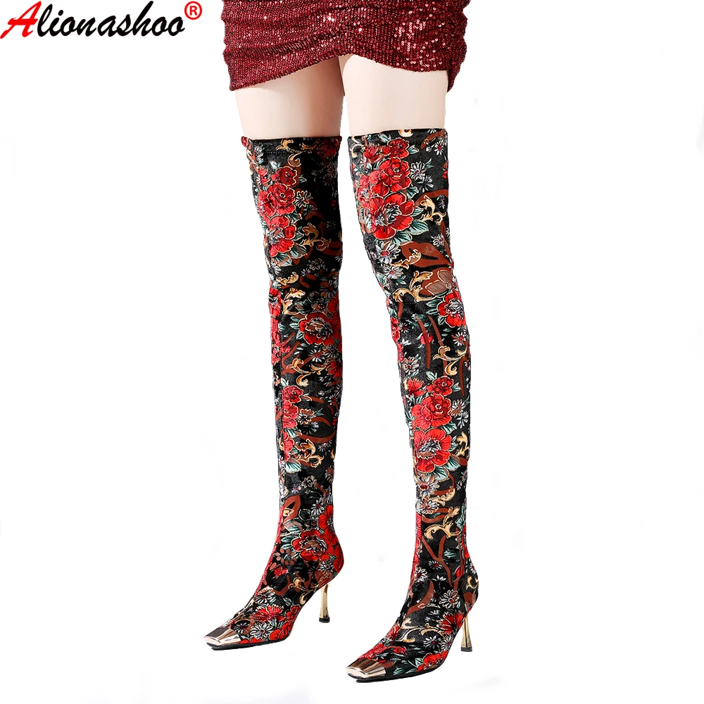 

Aliona Shoo Thigh High Stretch Boots Woman Slim Boots Ethnic Print Flower Women's Shoes Stiletto Heels Metal toe Female Footware