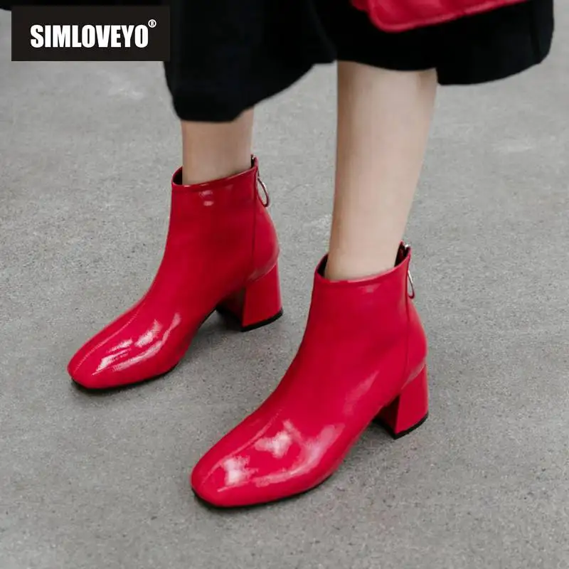 

SIMLOVEYO Large size 43 Ankle boots Block Heel Ring Zipper Patent leather Flock Solid Casual Shoes Winter Autumn Botas feminino