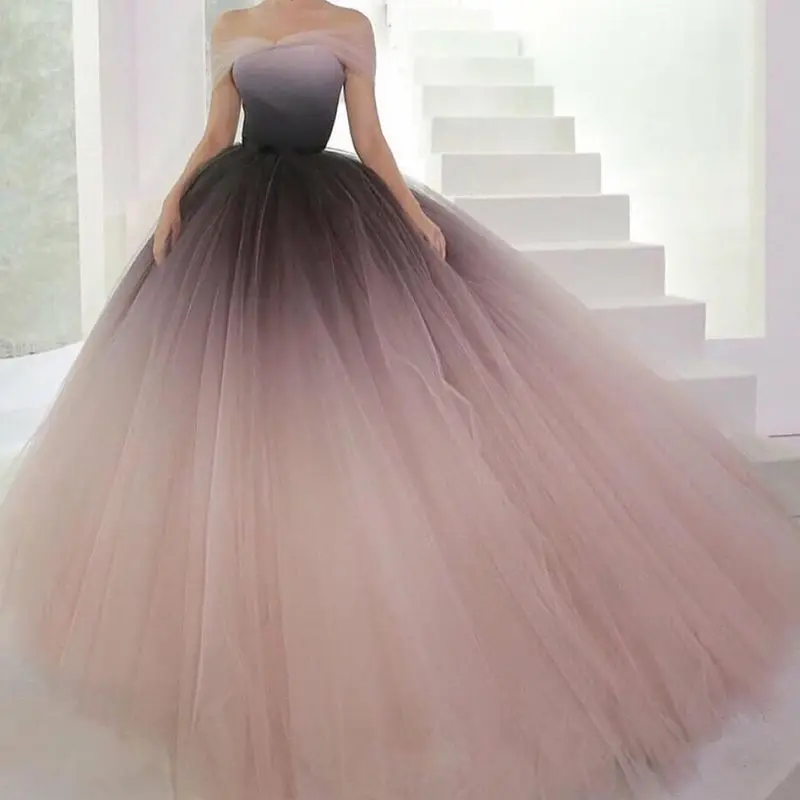

Elegant Tulle Long Evening dress 2020 Gradient color Prom Party dresses Off Shoulder Formal gowns robe de soiree Custom Made