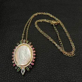 

white shell Mop cameo Virgin Mary Rainbow CZ Micro Pave Pendant chain necklace