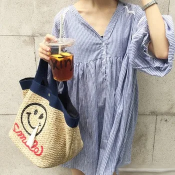 

Bag Female 2020 New Female Bag Korean Ins Hot Sale Straw Bag Embroidery Smiley Beach Bag Summer Ladies Handbag