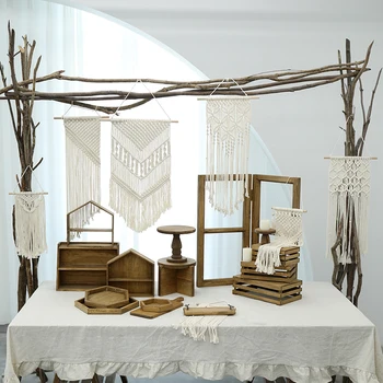 

SWEETGO Bohemian tapestry dessert table kitting wood cake stand for garden party Hand woven home decoration Outing props