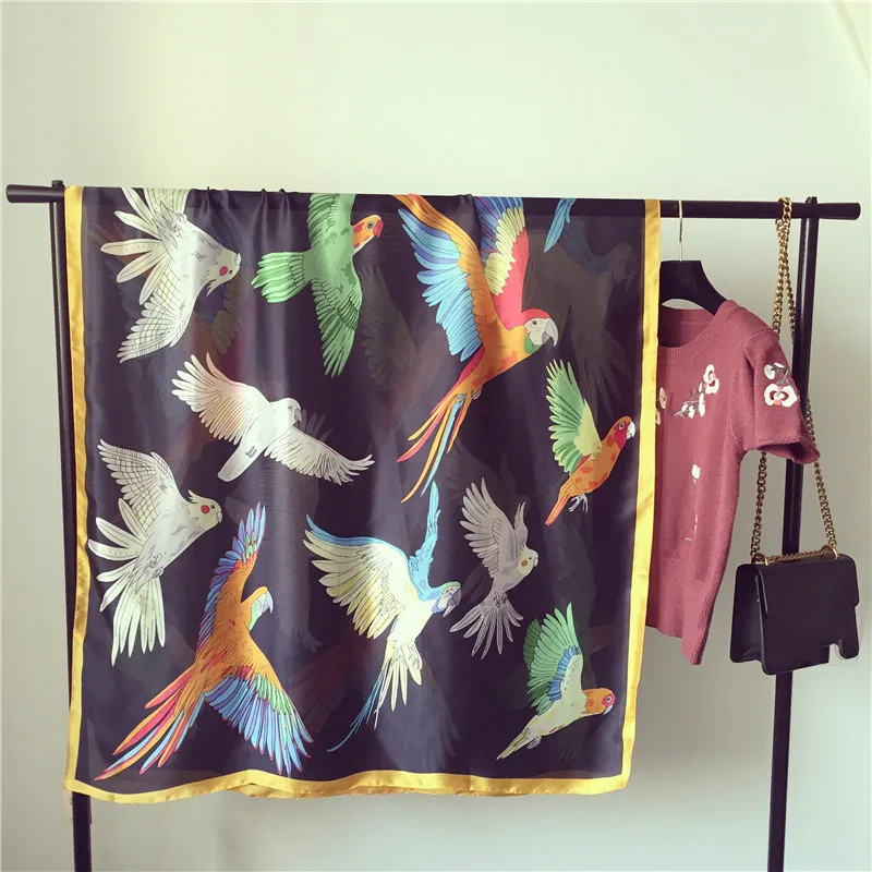 2024 Summer Women 180X90CM Silk Scarf Beach Hijab Shawls And Wraps Luxury Parrot Print Female Foulard Echarpe Designer Bandana 2