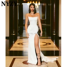 Из сатина высокий разрез черно-белые вечерние наряды Русалка NYZY E221 мужской костюм вечернее платье торжественное платье Robe de Soiree