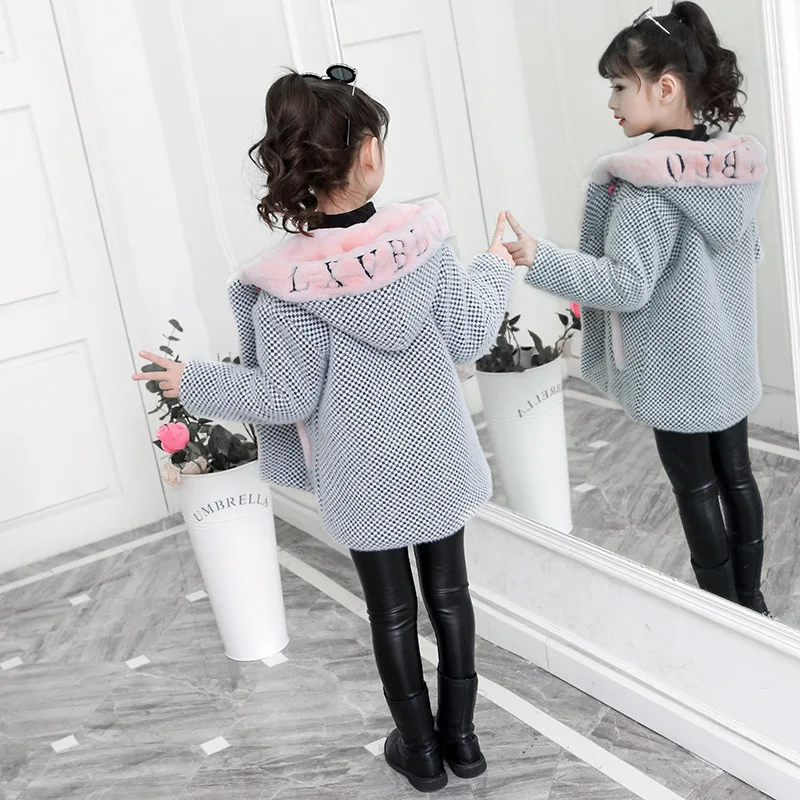 

Childrenswear 2020 Winter Korean-style New Style Coat Girls Western Style Plaid Lettered Mink Cashmere Thick Duffle Coat
